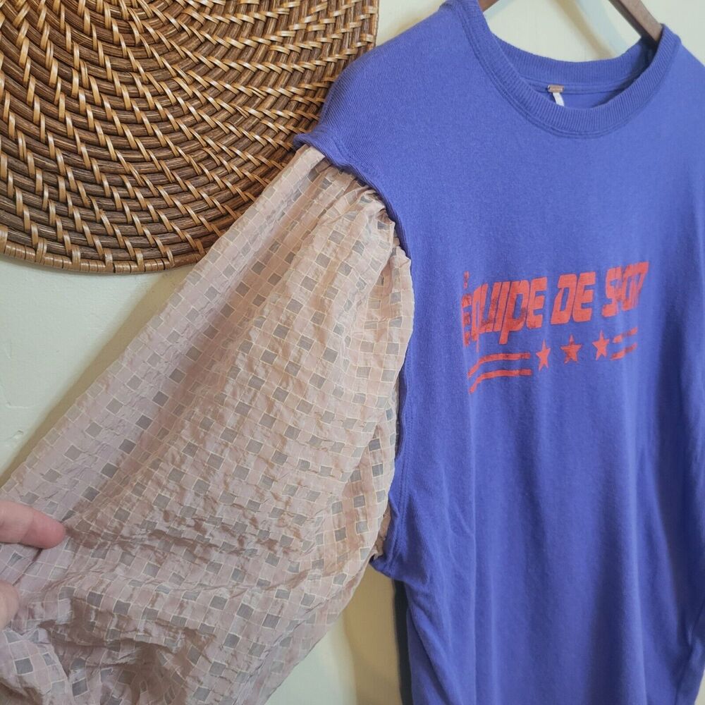 Free People Just Met Tee in‎ Sport Combo Purple Pink Ruffle Sleeves Small - Picture 2 of 14
